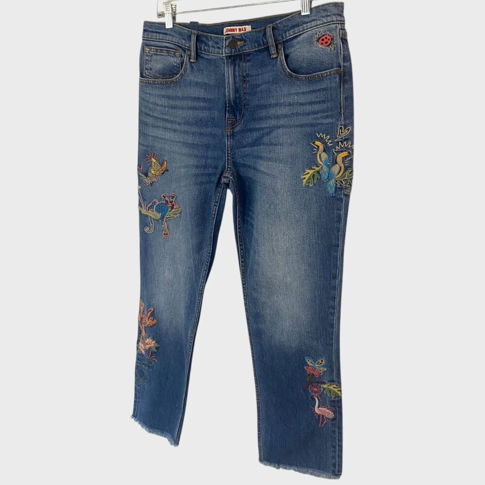 Johnny Was Cropped Denim Boyfriend Jean Size 29 Embroidered Mid-Rise Raw-Hem New - Picture 2 of 11